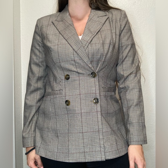 Topshop Gray Plaid Double-Breasted Blazer Size 10 Women’s - Picture 1 of 9
